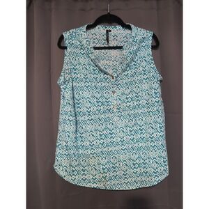 Cathy Women's Large Tank Top, Blue White, Ikat Geometric Sleeveless Top, Stretch